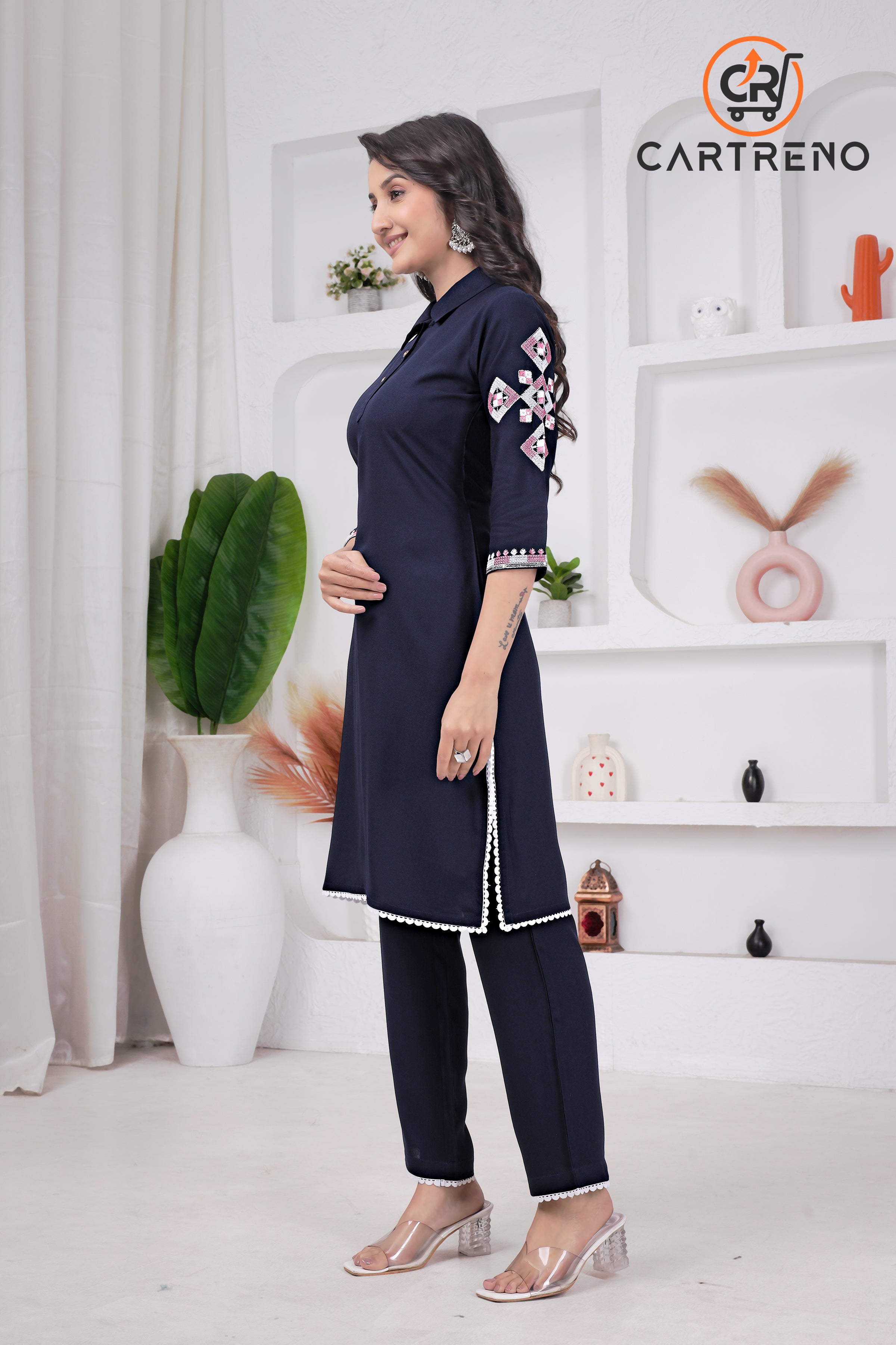 Navy Blue Embroidered Pathani Kurta With Trouser