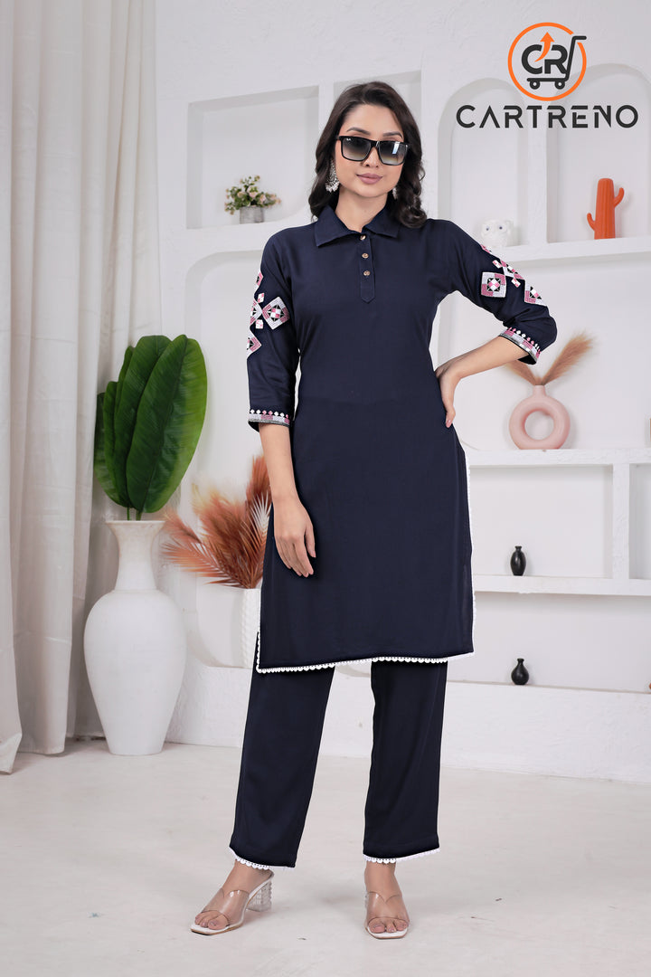 Navy Blue Embroidered Pathani Kurta With Trouser