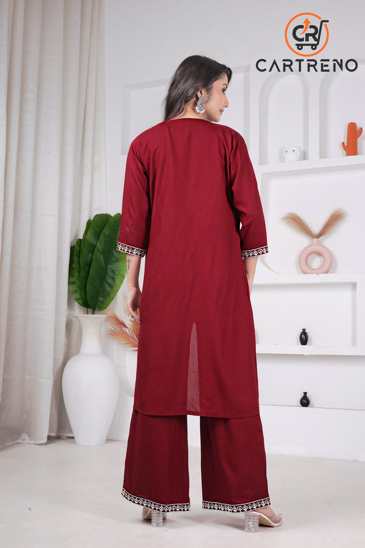 Maroon Rayon Three Piece Set Crop & Top & Palazo Set With Shrug