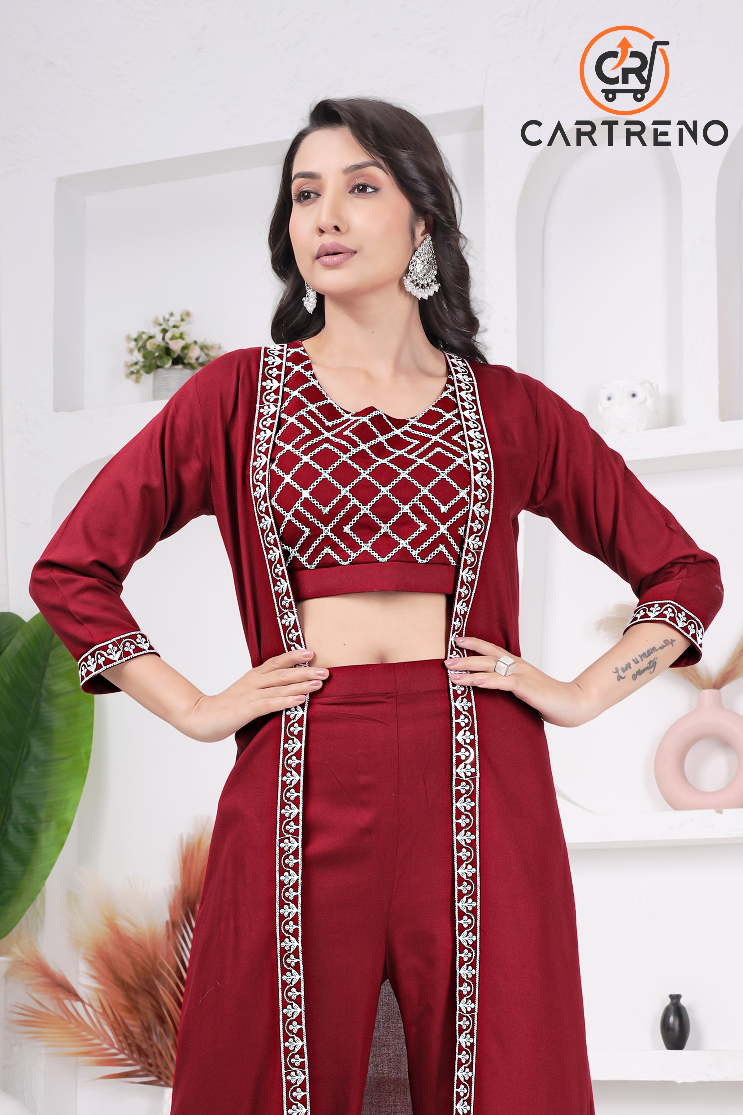 Maroon Rayon Three Piece Set Crop & Top & Palazo Set With Shrug