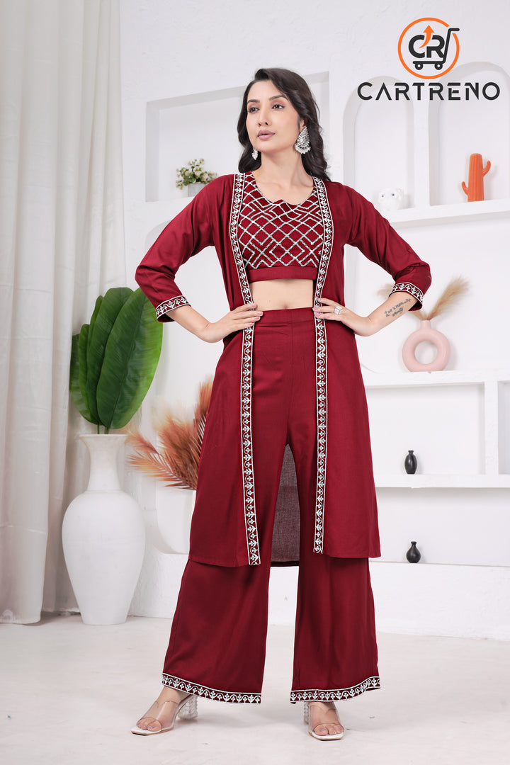Maroon Rayon Three Piece Set Crop & Top & Palazo Set With Shrug