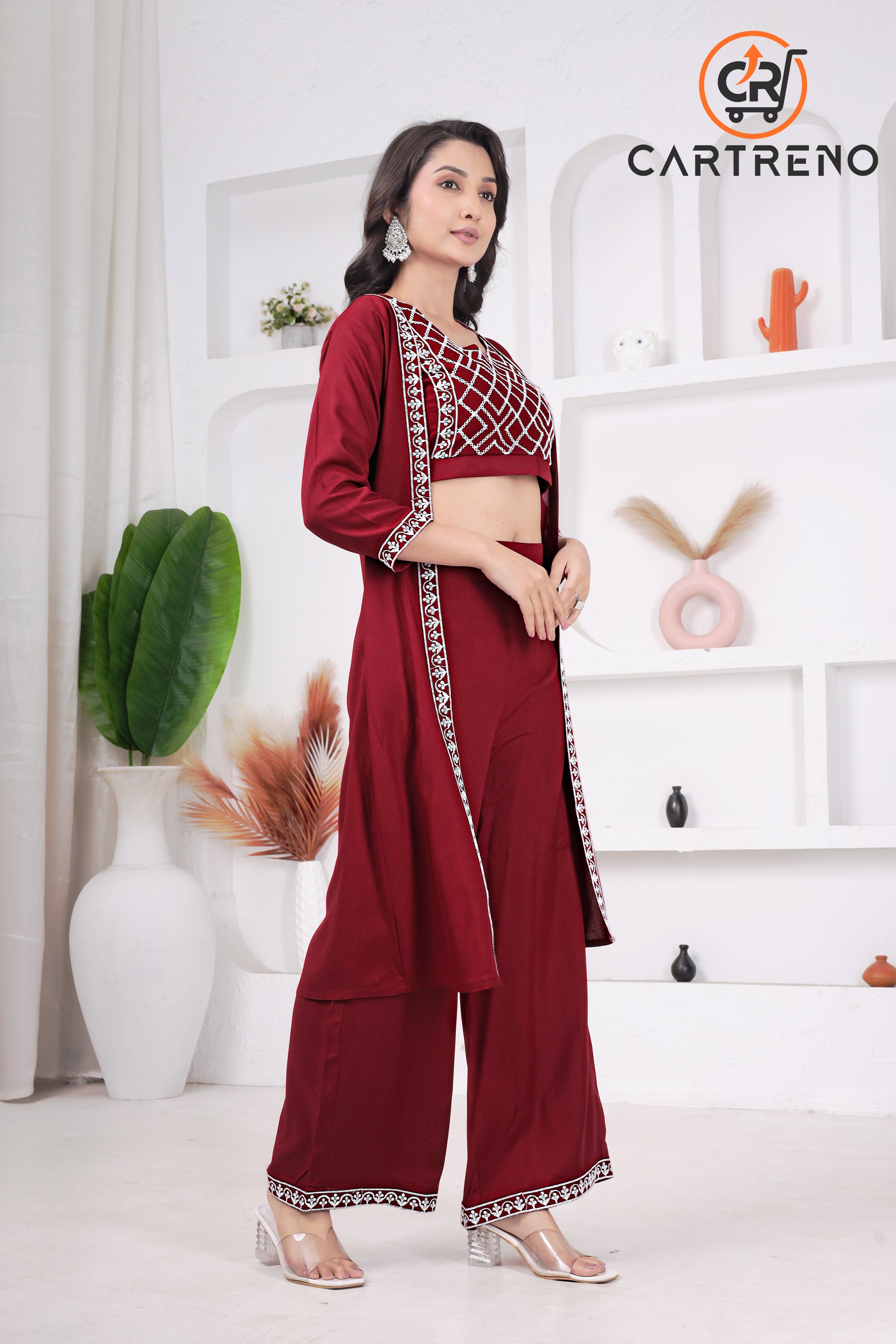 Maroon Rayon Three Piece Set Crop & Top & Palazo Set With Shrug