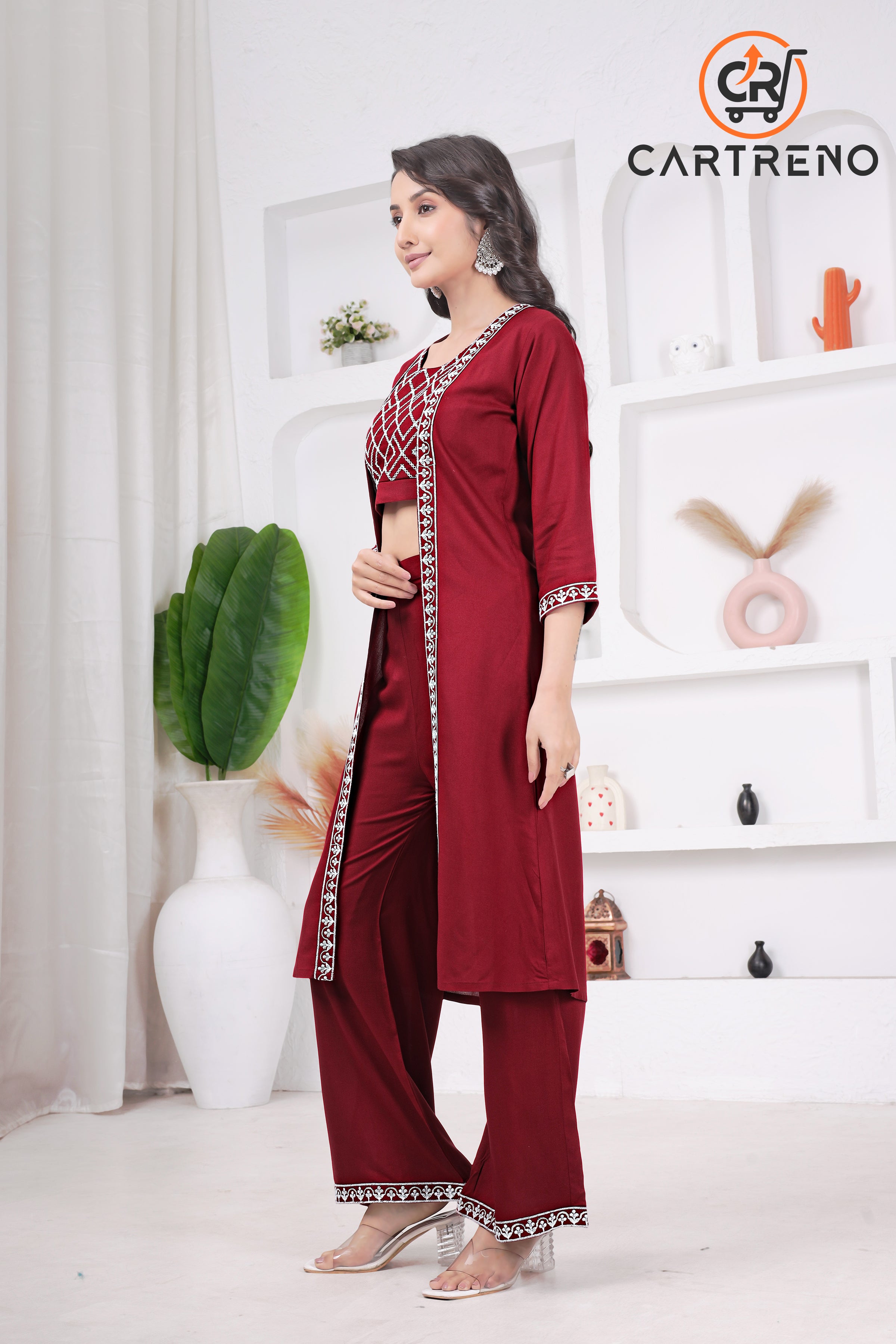 Maroon Rayon Three Piece Set Crop & Top & Palazo Set With Shrug