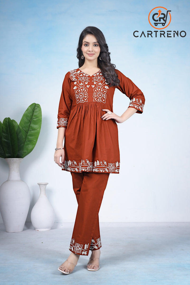 Cotton Rust Orange Embroidery Work co-ord set