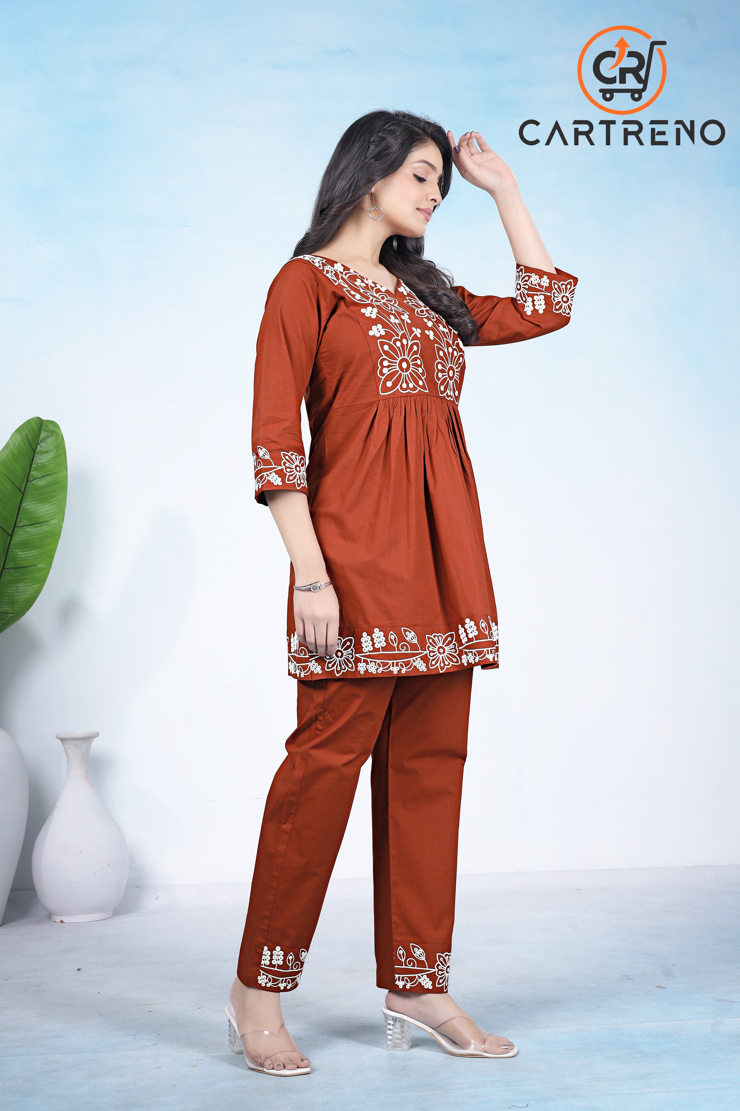 Cotton Rust Orange Embroidery Work co-ord set