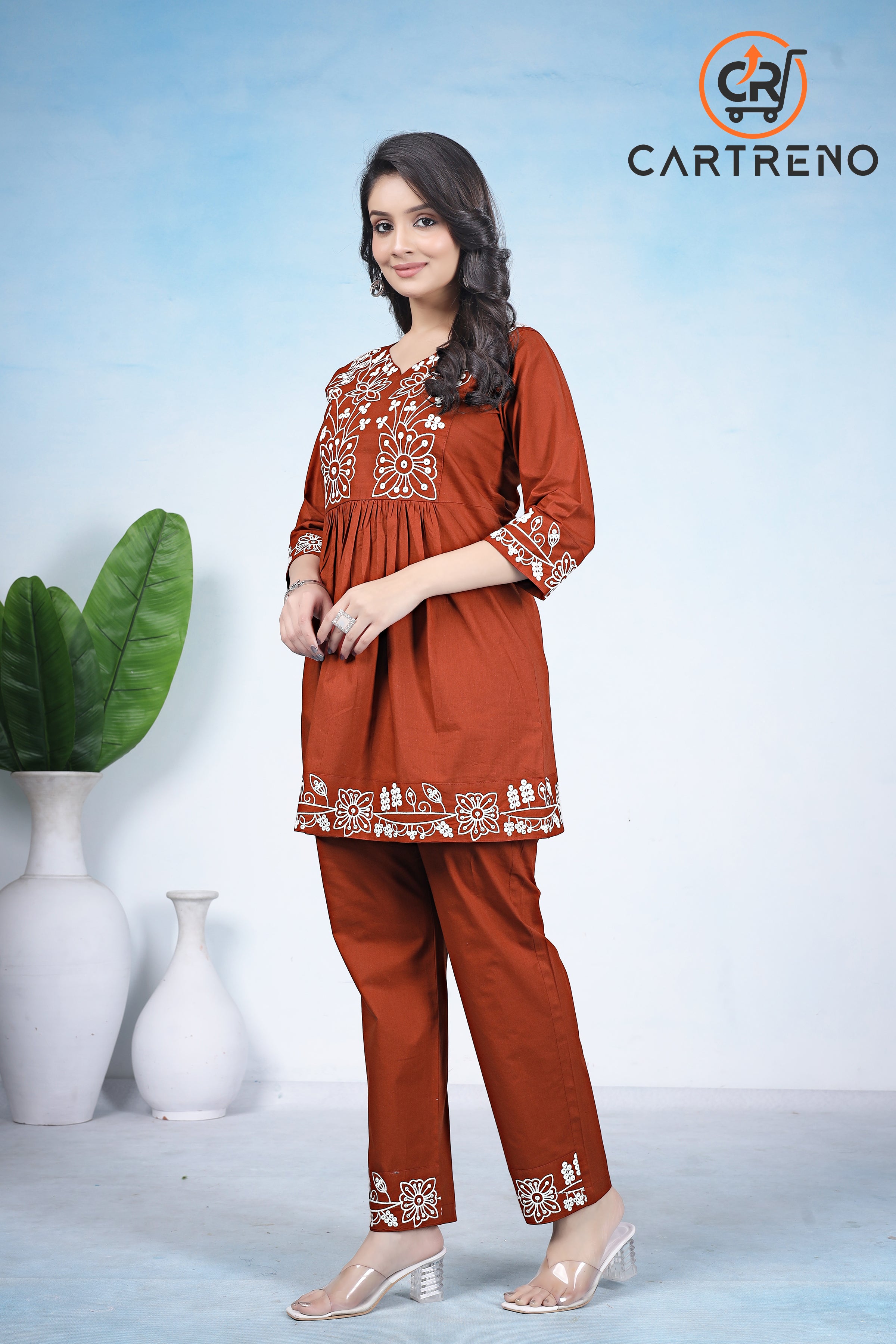 Cotton Rust Orange Embroidery Work co-ord set