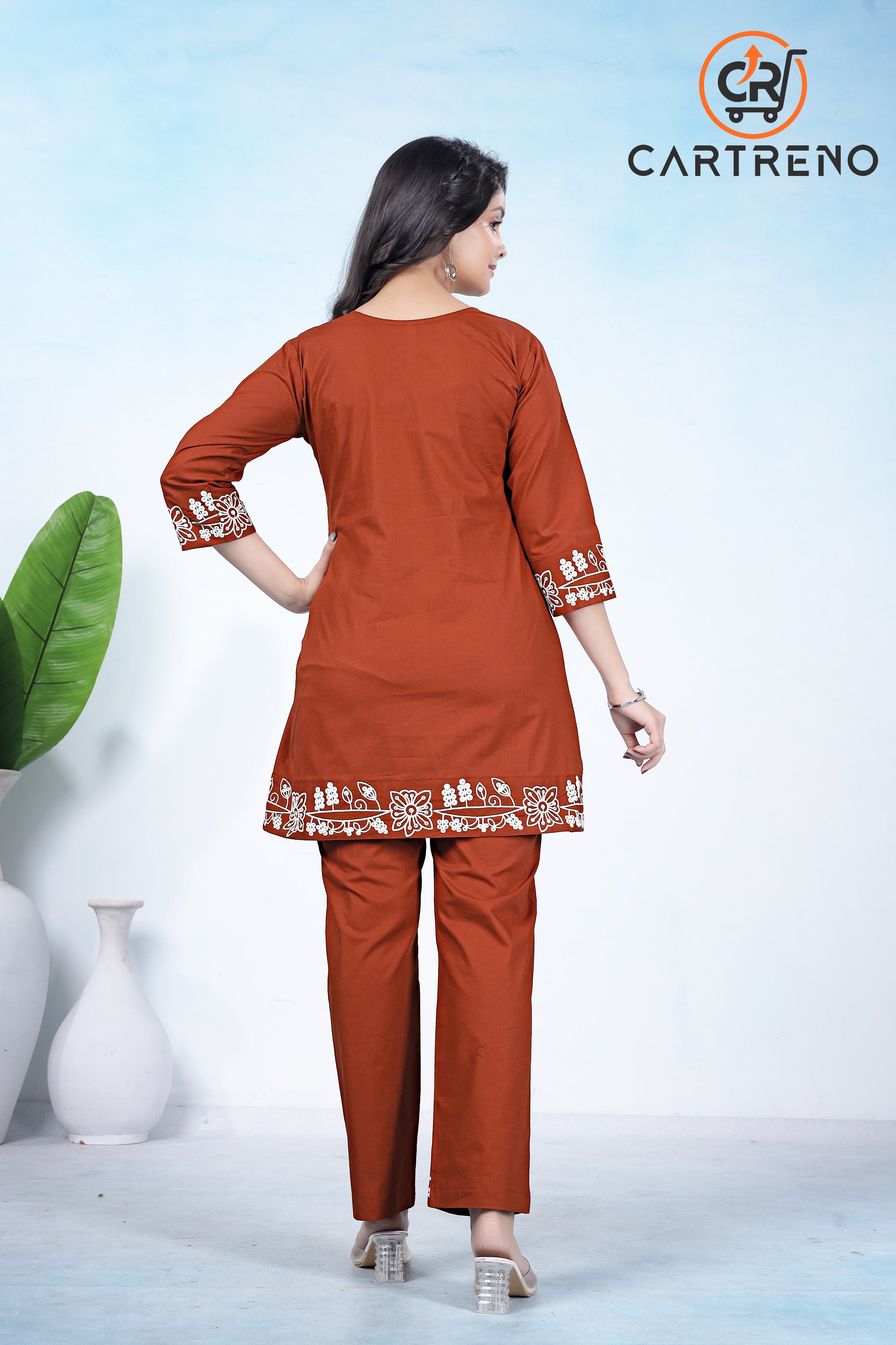 Cotton Rust Orange Embroidery Work co-ord set