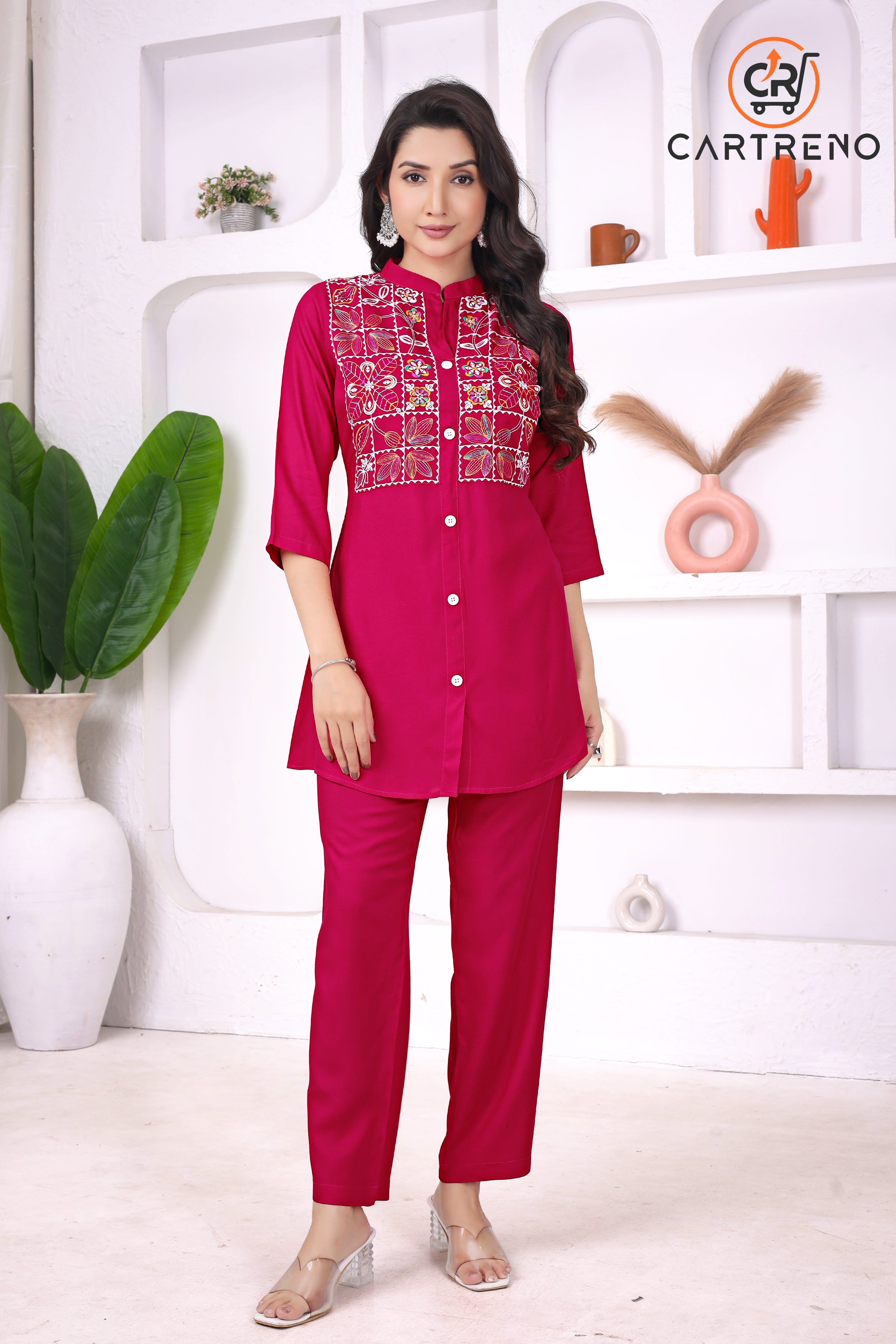 Pink Multi-Thread Embroidered Viscose Rayon Co-Ord Set