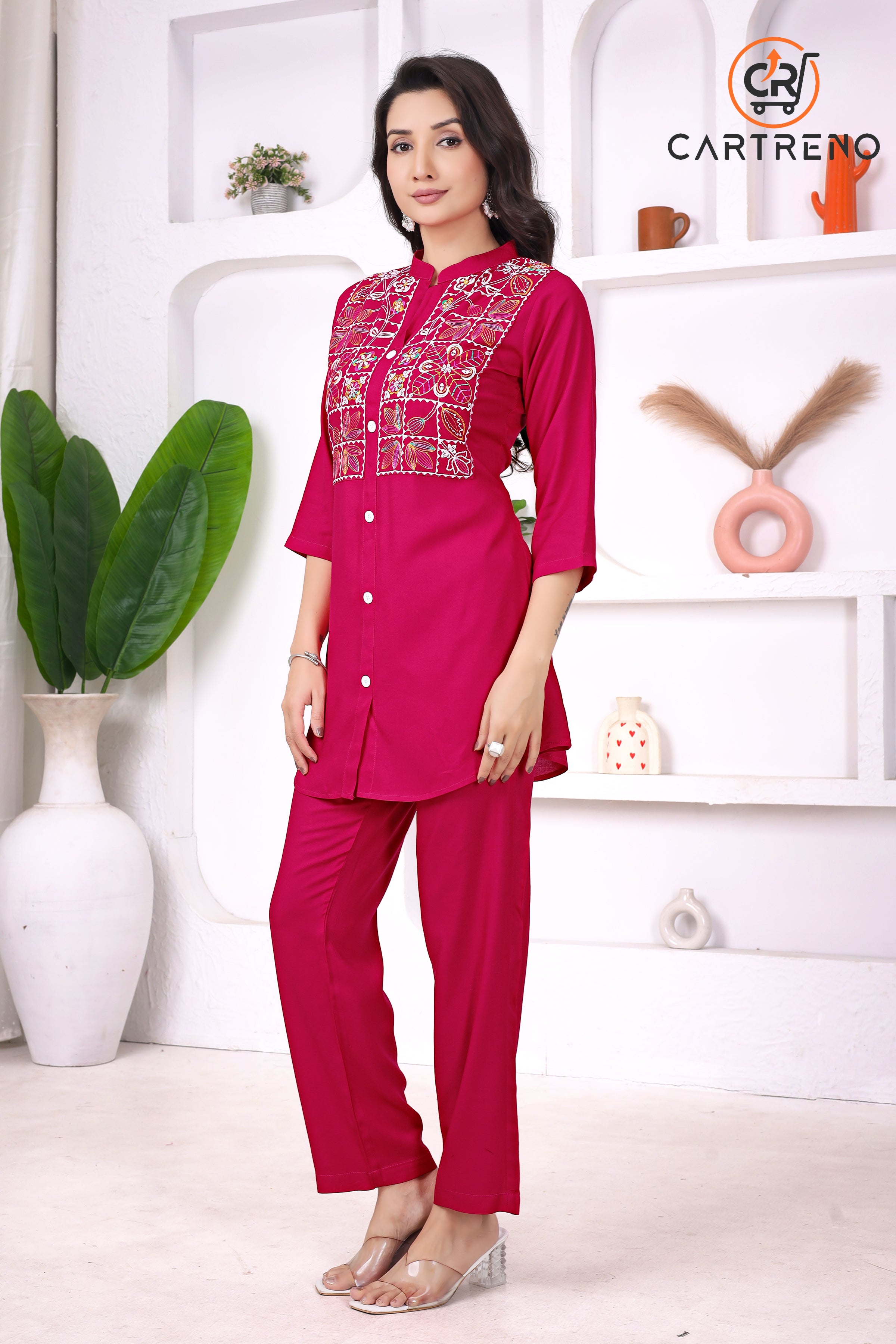 Pink Multi-Thread Embroidered Viscose Rayon Co-Ord Set