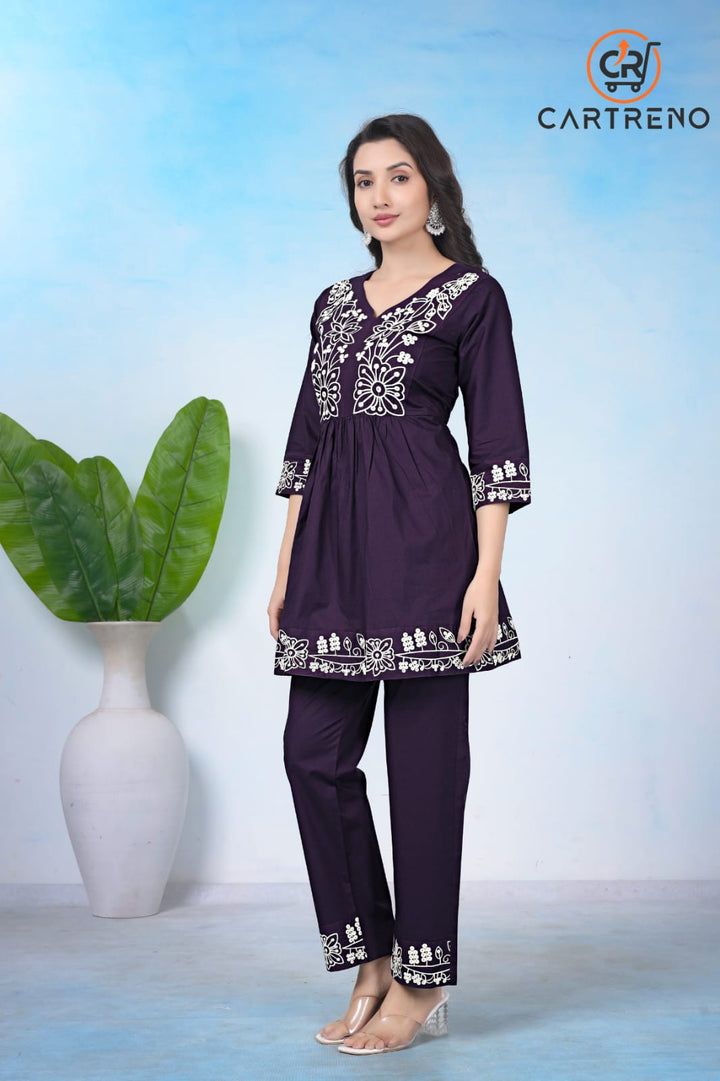 Women Premium Cotton Rust Wine Embroidered Co-Ord Set