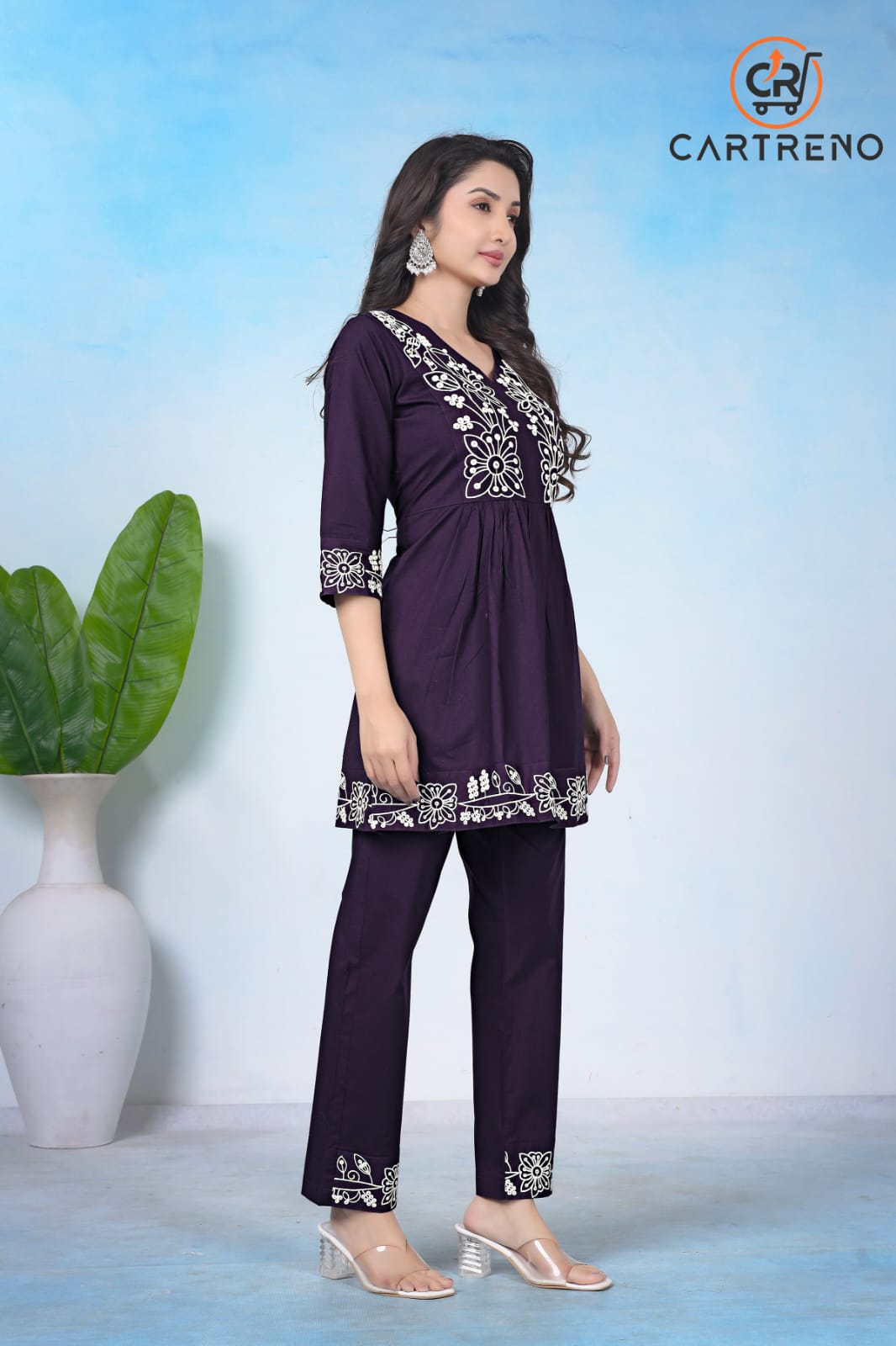 Women Premium Cotton Rust Wine Embroidered Co-Ord Set