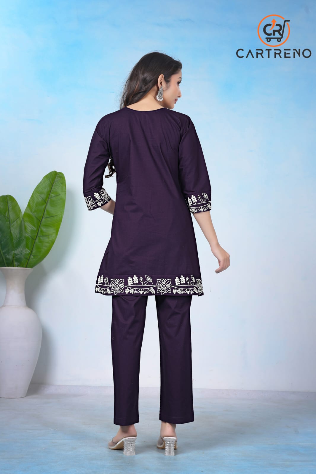 Women Premium Cotton Rust Wine Embroidered Co-Ord Set