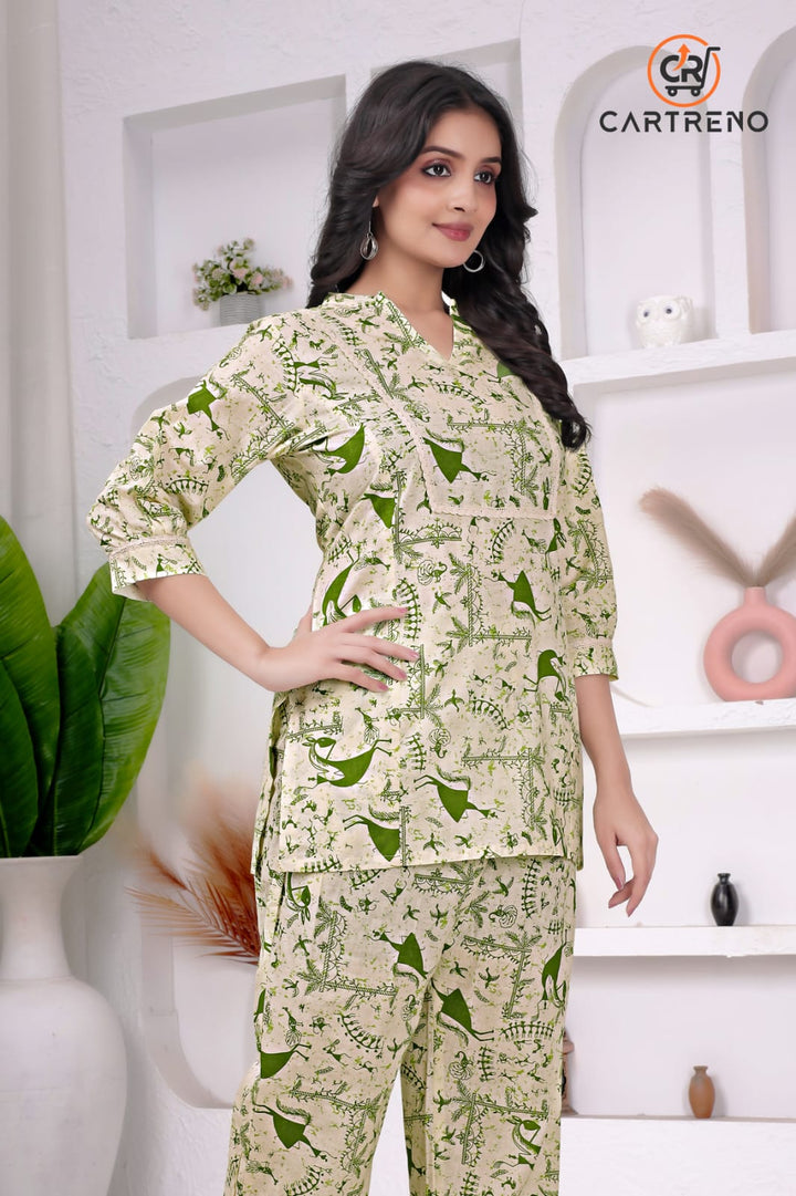Green Leaf Print Cotton Co-Ord Set