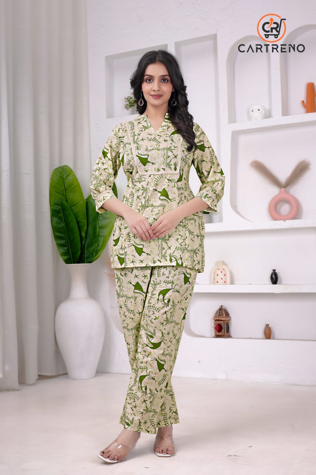 Green Leaf Print Cotton Co-Ord Set