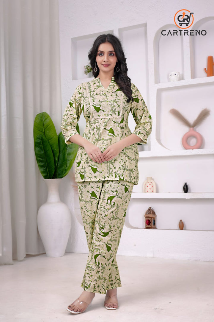 Green Leaf Print Cotton Co-Ord Set