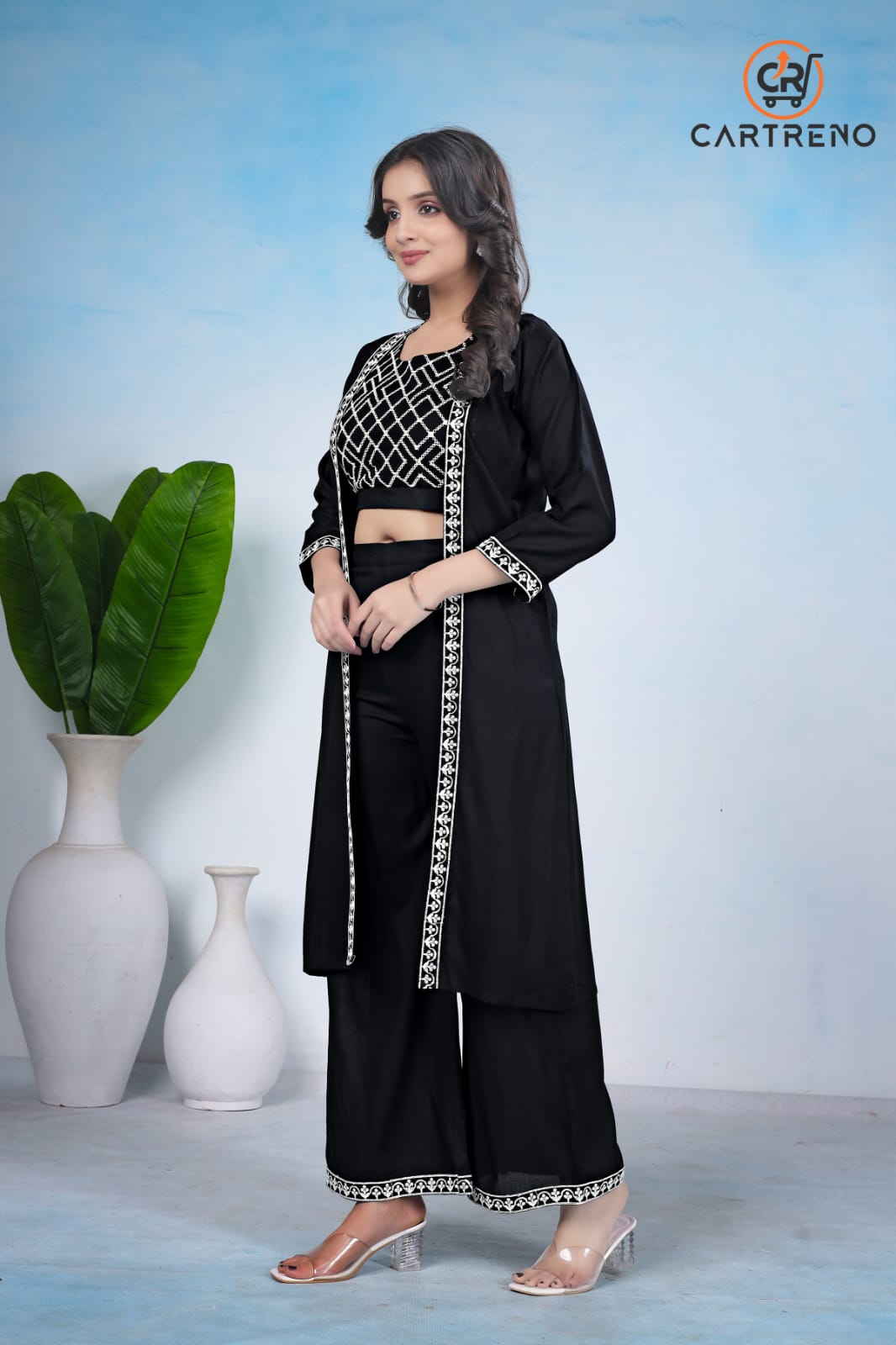 Black Rayon Three Piece Set Crop & Top & Palazo Set With Shrug