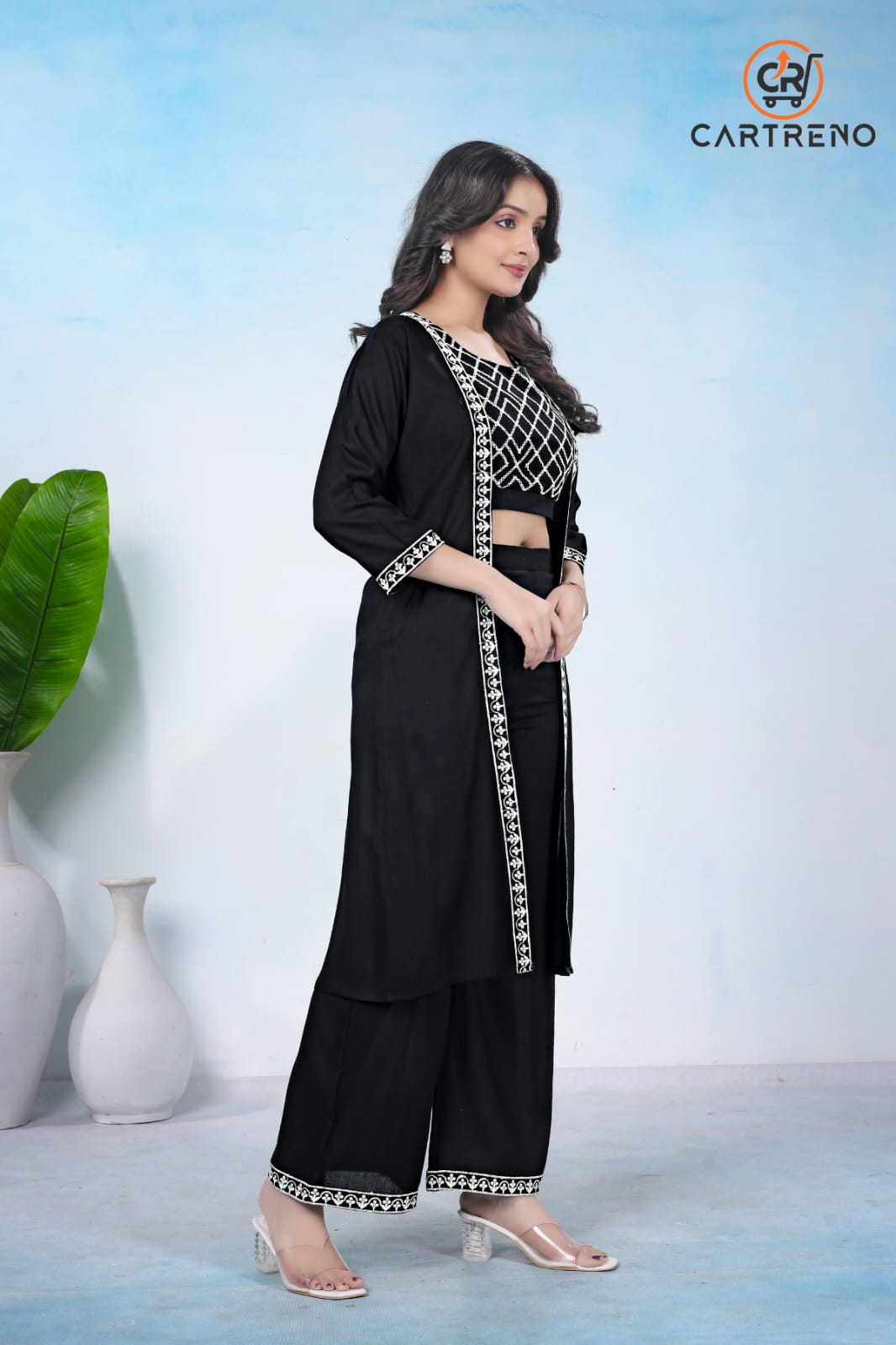 Black Rayon Three Piece Set Crop & Top & Palazo Set With Shrug