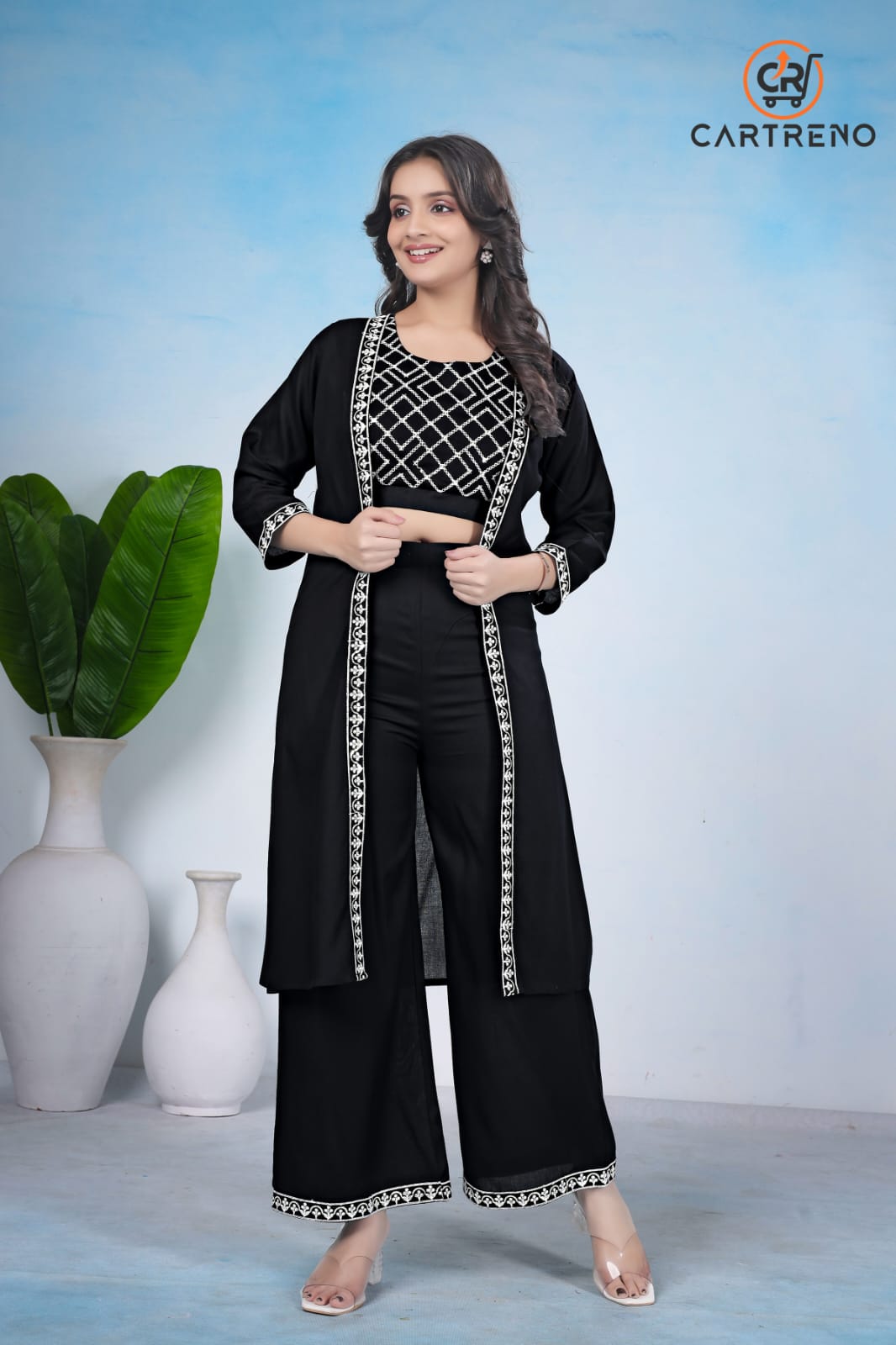 Black Rayon Three Piece Set Crop & Top & Palazo Set With Shrug