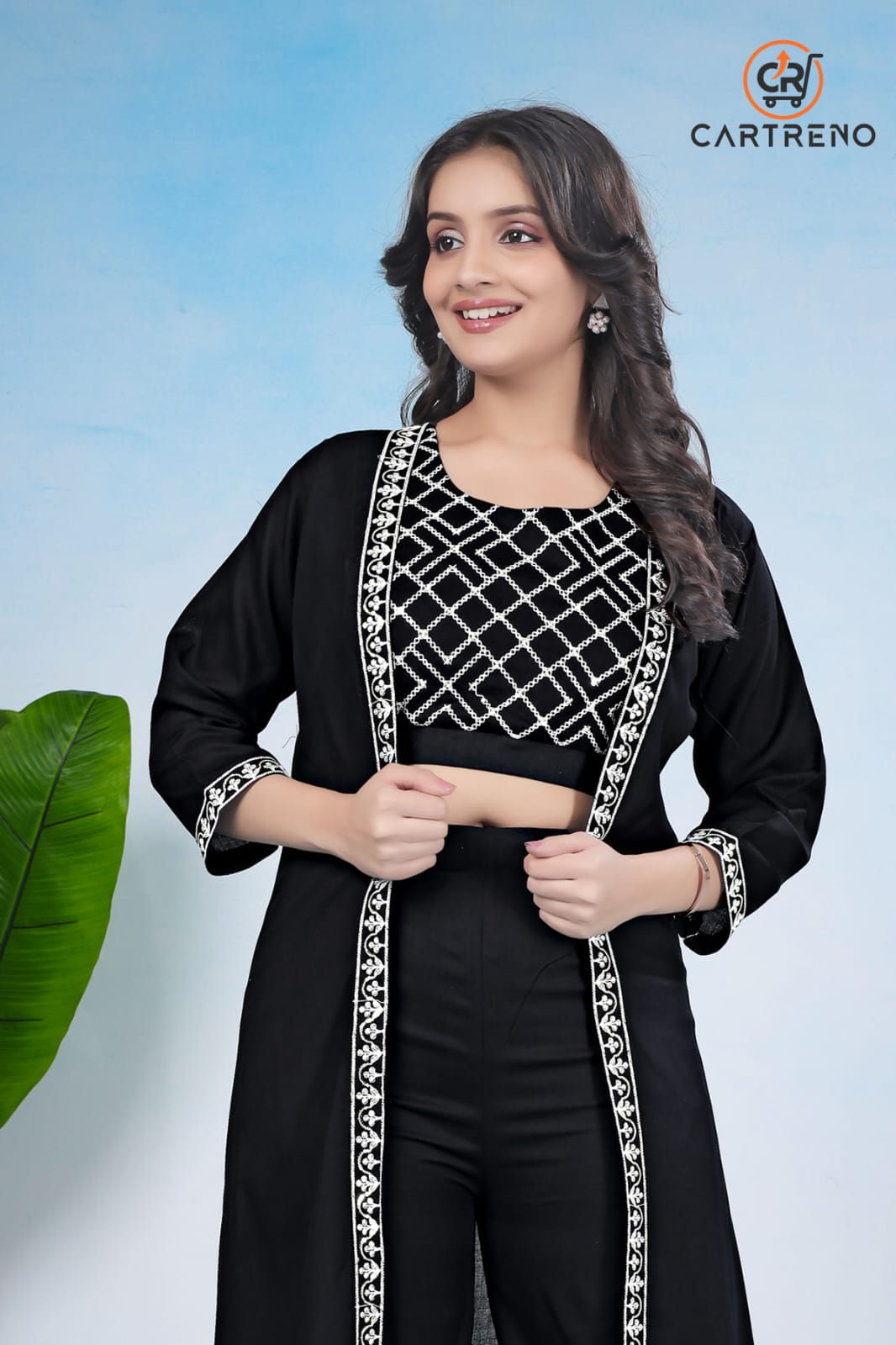 Black Rayon Three Piece Set Crop & Top & Palazo Set With Shrug