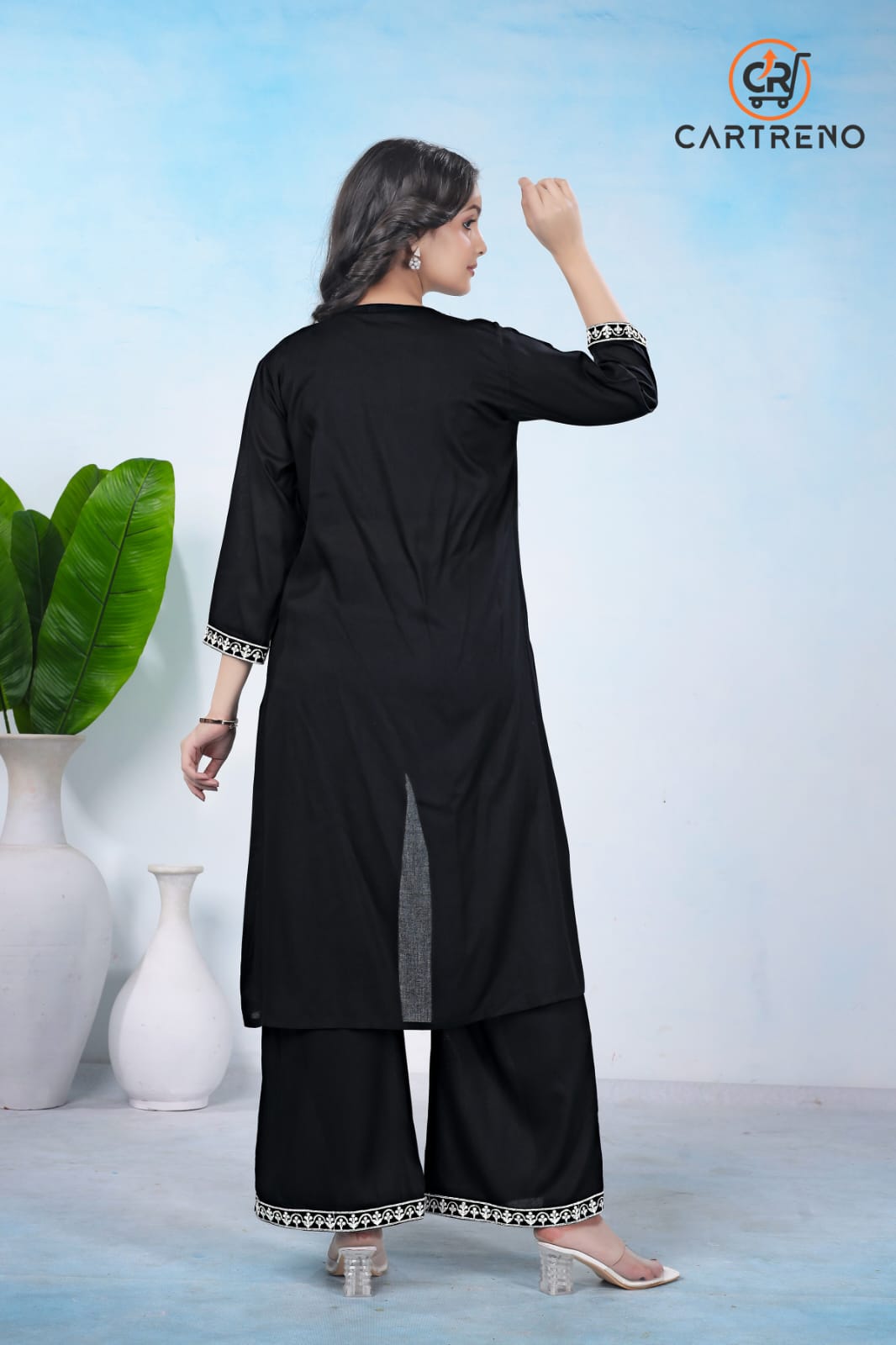 Black Rayon Three Piece Set Crop & Top & Palazo Set With Shrug