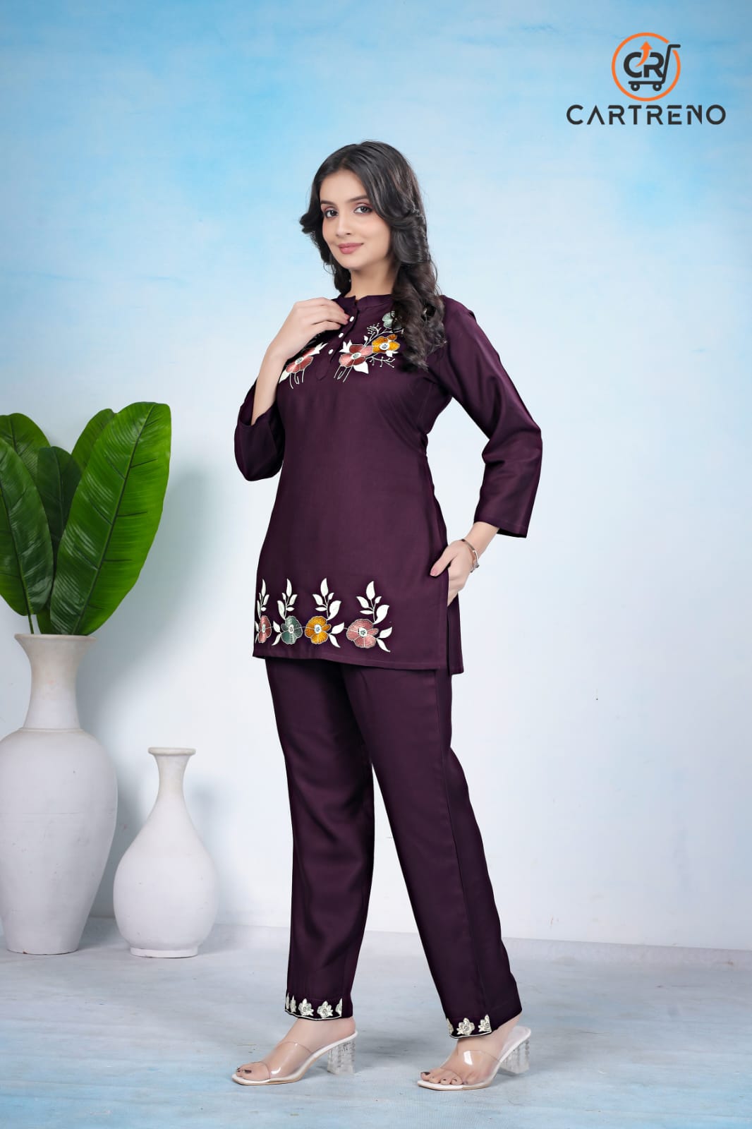 Wine Purple Embroidered Co-Ord Set