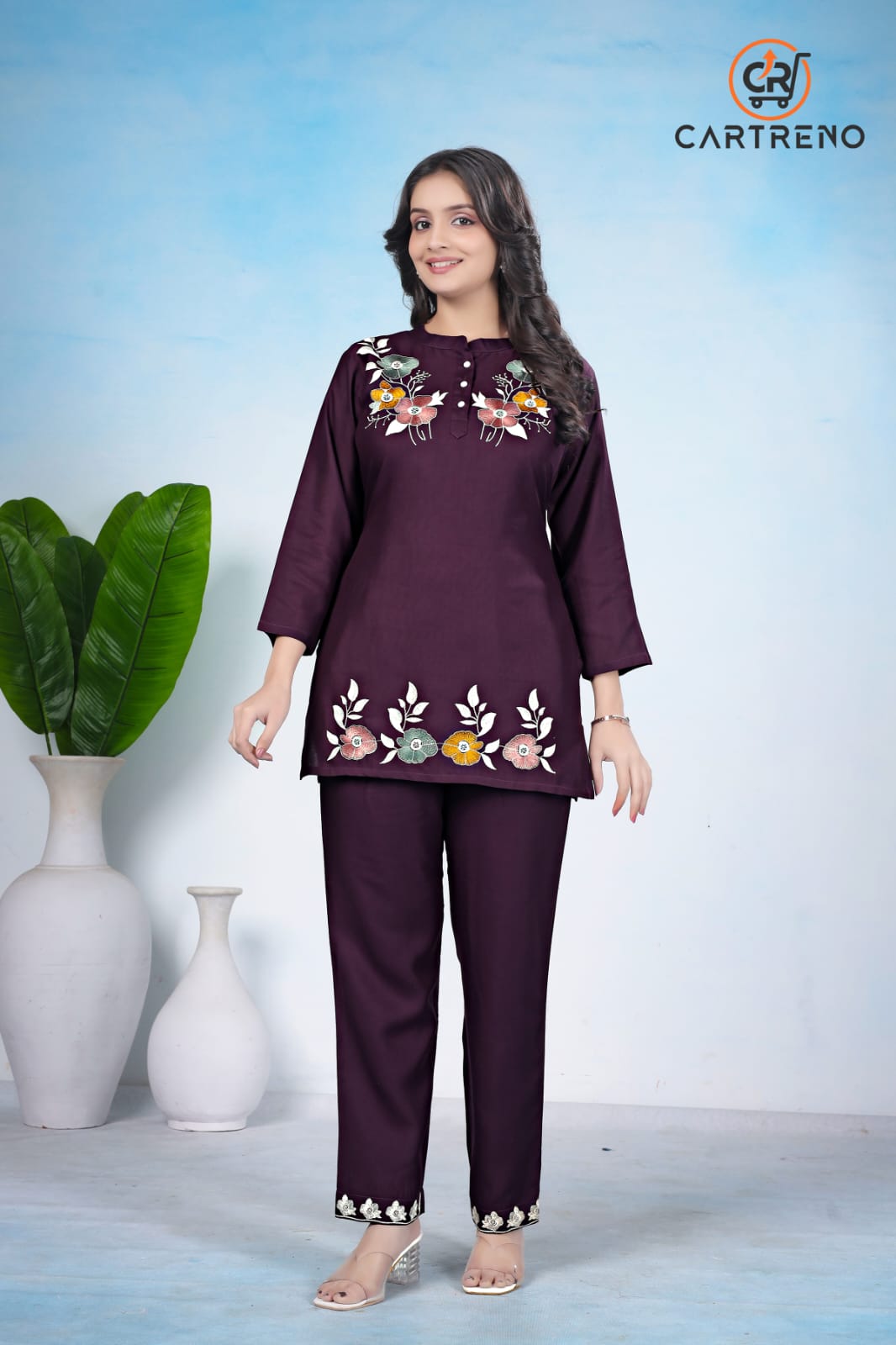 Wine Purple Embroidered Co-Ord Set